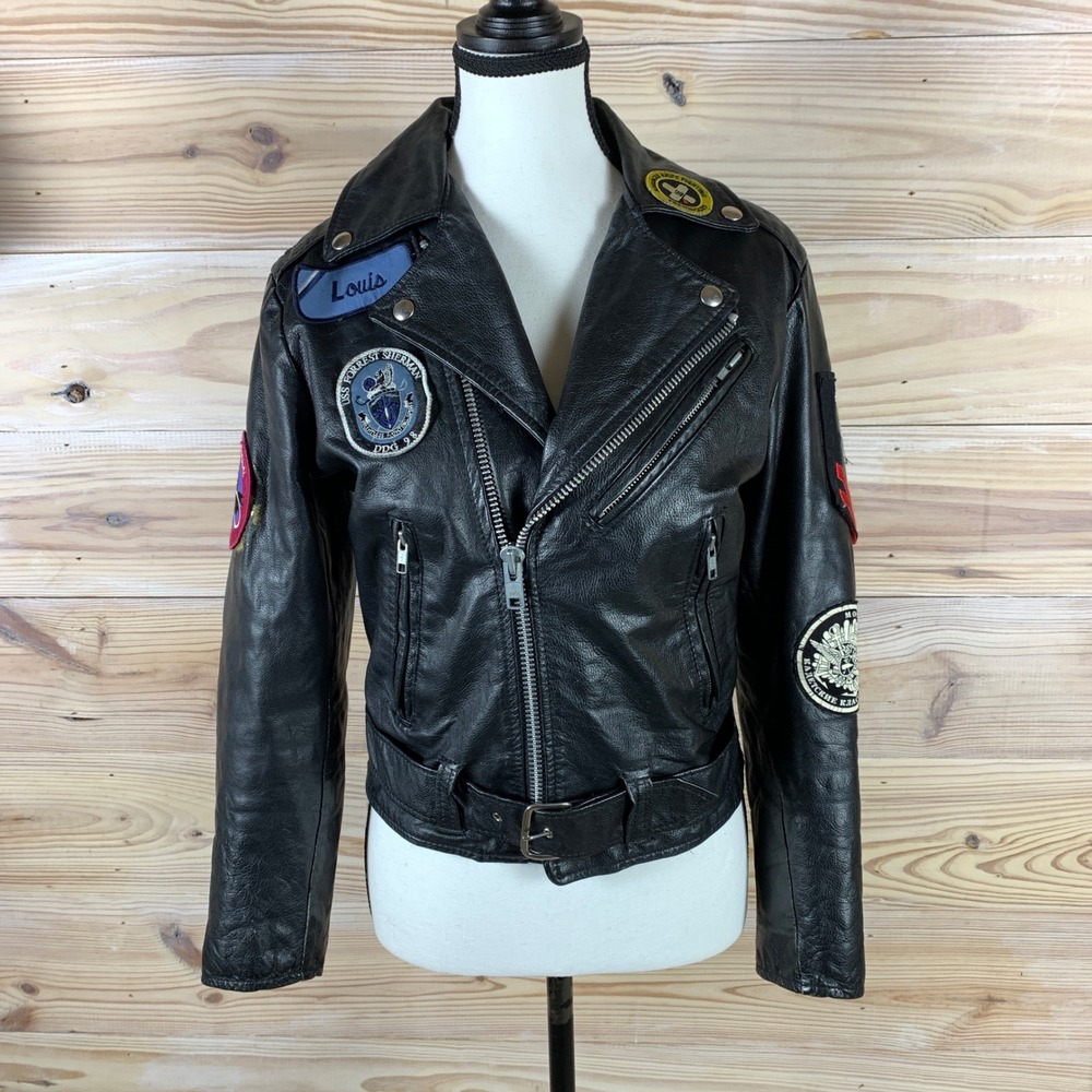 Excelled Vintage Leather Biker Jacket Teen 14 Black Moto Patchwork Union USA